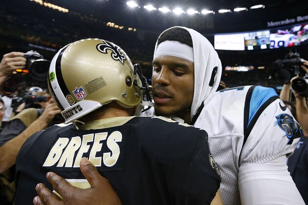 NEW ORLEANS, LA - DECEMBER 03: Drew Brees #9 of the New Orleans Saints and Cam Newton #1 of the Carolina Panthers greet after a game at the Mercedes-Benz Superdome on December 3, 2017 in New Orleans, Louisiana.  (Photo by Jonathan Bachman/Getty Images)