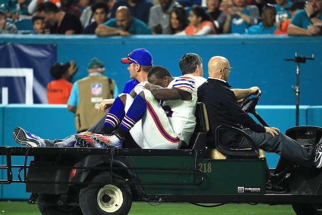 MIAMI GARDENS, FL - DECEMBER 31:  LeSean McCoy #25 of the Buffalo Bills is carted off the field after an injury in the third quarter against the Miami Dolphins at Hard Rock Stadium on December 31, 2017 in Miami Gardens, Florida.  (Photo by Mike Ehrmann/Getty Images)