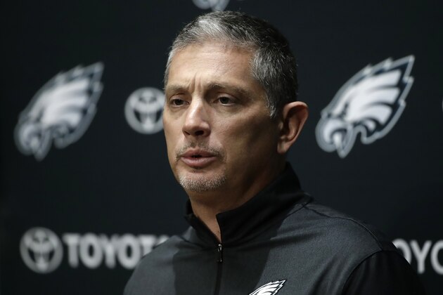 Philadelphia Eagles defensive coordinator Jim Schwartz speaks with members of the media during a news conference at the team's NFL football training facility in Philadelphia, Tuesday, Dec. 12, 2017. (AP Photo/Matt Rourke)