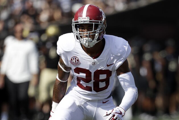 Alabama defensive back Anthony Averett plays against Vanderbilt in the first half of an NCAA college football game Saturday, Sept. 23, 2017, in Nashville, Tenn. (AP Photo/Mark Humphrey)