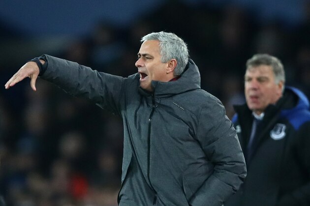 LIVERPOOL, ENGLAND - JANUARY 01:  Jose Mourinho, Manager of Manchester United reacts during the Premier League match between Everton and Manchester United at Goodison Park on January 1, 2018 in Liverpool, England.  (Photo by Clive Brunskill/Getty Images)