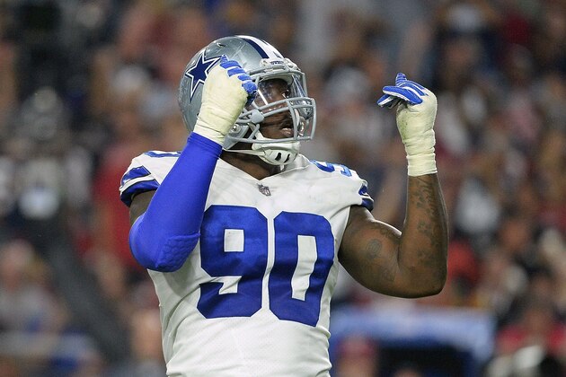 GLENDALE, AZ - SEPTEMBER 25: DeMarcus Lawrence #90 of the Dallas Cowboys reacts in the NFL game against the Arizona Cardinals at University of Phoenix Stadium on September 25, 2017 in Glendale, Arizona. (Photo by Jennifer Stewart/Getty Images) GLENDALE, AZ - SEPTEMBER 25: DeMarcus Lawrence #90 of the Dallas Cowboys reacts in the NFL game against the Arizona Cardinals at University of Phoenix Stadium on September 25, 2017 in Glendale, Arizona. (Photo by Jennifer Stewart/Getty Images)