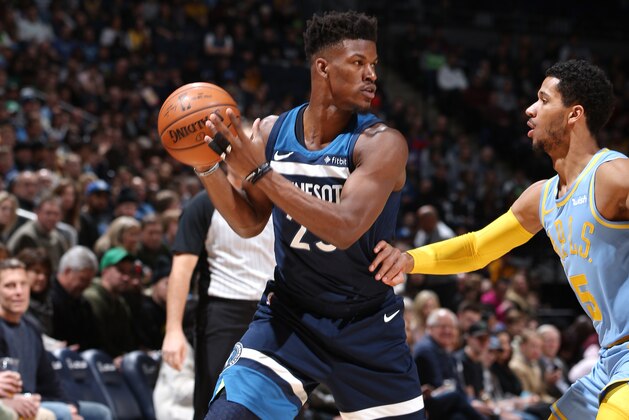 MINNEAPOLIS, MN -  JANUARY 1: Jimmy Butler #23 of the Minnesota Timberwolves handles the ball against the Los Angeles Lakers on January 1, 2018 at Target Center in Minneapolis, Minnesota. NOTE TO USER: User expressly acknowledges and agrees that, by downloading and or using this Photograph, user is consenting to the terms and conditions of the Getty Images License Agreement. Mandatory Copyright Notice: Copyright 2018 NBAE (Photo by David Sherman/NBAE via Getty Images)