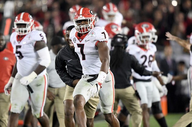 PASADENA, CA - JANUARY 01:  Lorenzo Carter #7 of the Georgia Bulldogs celebrates after blocking the field goal attempt from Austin Seibert #43 of the Oklahoma Sooners in the 2018 College Football Playoff Semifinal at the Rose Bowl Game presented by Northwestern Mutual at the Rose Bowl on January 1, 2018 in Pasadena, California.  (Photo by Matthew Stockman/Getty Images)