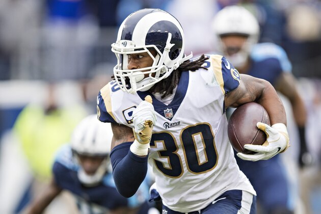 NASHVILLE, TN - DECEMBER 24: Todd Gurley II #30 of the Los Angeles Rams runs the ball during a game against the Tennessee Titans at Nissan Stadium on December 24, 2017 in Nashville, Tennessee. The Rams defeated the Titans 27-23. (Photo by Wesley Hitt/Getty Images) NASHVILLE, TN - DECEMBER 24: Todd Gurley II #30 of the Los Angeles Rams runs the ball during a game against the Tennessee Titans at Nissan Stadium on December 24, 2017 in Nashville, Tennessee. The Rams defeated the Titans 27-23. (Photo by Wesley Hitt/Getty Images)