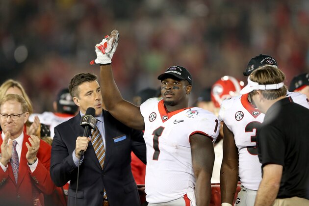 PASADENA, CA - JANUARY 01: Sony Michel #1 of the Georgia Bulldogs reacts after the Bulldogs beat the Oklahoma Sooners in the 2018 College Football Playoff Semifinal at the Rose Bowl Game presented by Northwestern Mutual at the Rose Bowl on January 1, 2018 in Pasadena, California.  (Photo by Matthew Stockman/Getty Images)