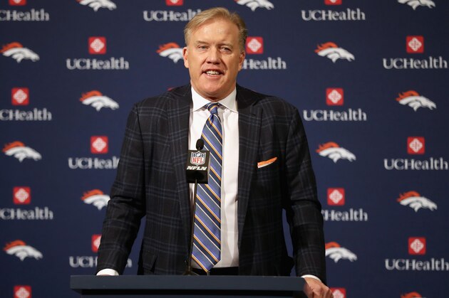 ENGLEWOOD, CO - JANUARY 12:  Denver Broncos General Manager John Elway fields questions from the media during a press conference to introduce Vance Josepf as the new head coach at the Paul D. Bowlen Memorial Broncos Centre on January 12, 2017 in Englewood, Colorado.  (Photo by Matthew Stockman/Getty Images)