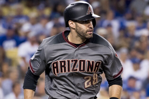 LOS ANGELES, CA - OCTOBER 7: J.D. Martinez #28 of the Arizona Diamondbacks runs to first base during Game Two of the National League Division Series against the Los Angeles Dodgers at Dodger Stadium on October 7, 2017 in Los Angeles, California. (Photo by Sarah Sachs/Arizona Diamondbacks/Getty Images)