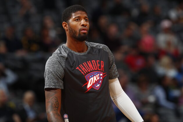 Oklahoma City Thunder forward Paul George (13) in the first half of an NBA basketball game Thursday, Nov. 9, 2017. (AP Photo/David Zalubowski)