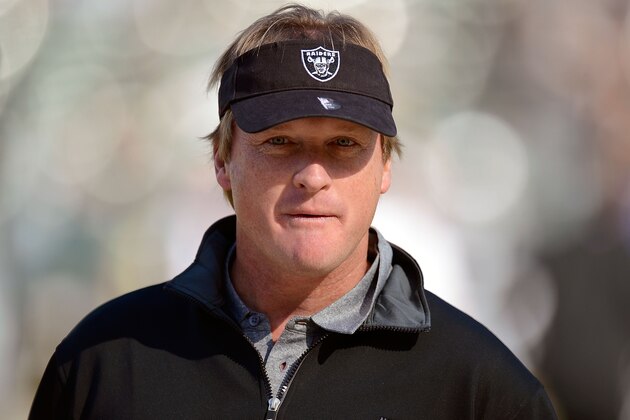 OAKLAND, CA - NOVEMBER 18:  Former head coach of the Oakland Raiders and now ESPN Monday Night Football Analyst Jon Gruden looks on during pre-game warm ups before an NFL football game between the New Orleans Saints and Oakland Raiders at O.co Coliseum on November 18, 2012 in Oakland, California.  (Photo by Thearon W. Henderson/Getty Images)