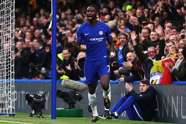 LONDON, ENGLAND - DECEMBER 30: Antonio Rudiger of Chelsea celebrates scoring the opening goal during the Premier League match between Chelsea and Stoke City at Stamford Bridge on December 30, 2017 in London, England. (Photo by Chris Brunskill Ltd/Getty Images)