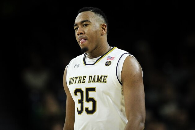 SOUTH BEND, IN - DECEMBER 30:  Bonzie Colson #35 of the Notre Dame Fighting Irish walks across the court in the second half against the Georgia Tech Yellow Jackets at Purcell Pavilion on December 30, 2017 in South Bend, Indiana. (Photo by Dylan Buell/Getty Images)