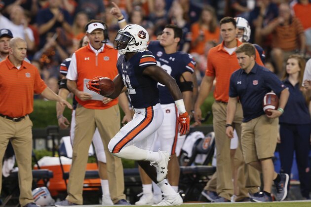 Auburn running back Kerryon Johnson runs into the end zone to score a touchdown in the first half of an NCAA college football game against Georgia Southern, Saturday, Sept. 2, 2017, in Auburn, Ala. (AP Photo/Brynn Anderson)