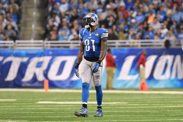DETROIT, MI - DECEMBER 27:  Calvin Johnson #81 of the Detroit Lions looks on from the field during the game against the San Francisco 49ers at Ford Field on December 27, 2015 in Detroit, Michigan. The Lions defeated the 49ers 32-17.  (Photo by Mark Cunningham/Detroit Lions/Getty Images)