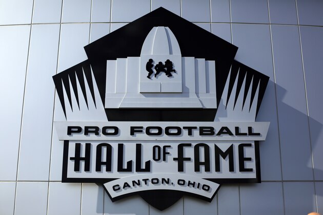 This is the logo of the Pro Football Hall of Fame on the side of the Pro Football Hall of Fame in Canton, Ohio, Friday, Aug. 7, 2015. (AP Photo/Gene J. Puskar)