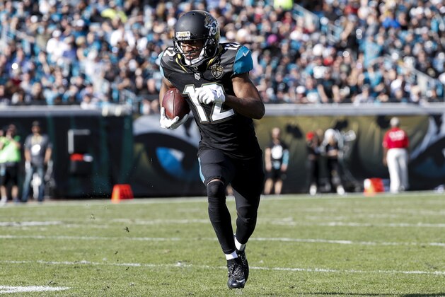 JACKSONVILLE, FL - DECEMBER 17: Wide Receiver Dede Westbrook #12 of the Jacksonville Jaguars on a catch and run during the game against the Houston Texans at EverBank Field on December 17, 2017 in Jacksonville, Florida. The Jaguars defeated the Texans 45 to 7. (Photo by Don Juan Moore/Getty Images)