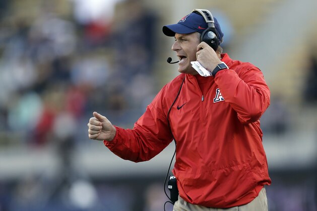 Arizona head coach Rich Rodriguez yells from the sideline during the first half of an NCAA college football game against California Saturday, Oct. 21, 2017, in Berkeley, Calif. (AP Photo/Marcio Jose Sanchez)