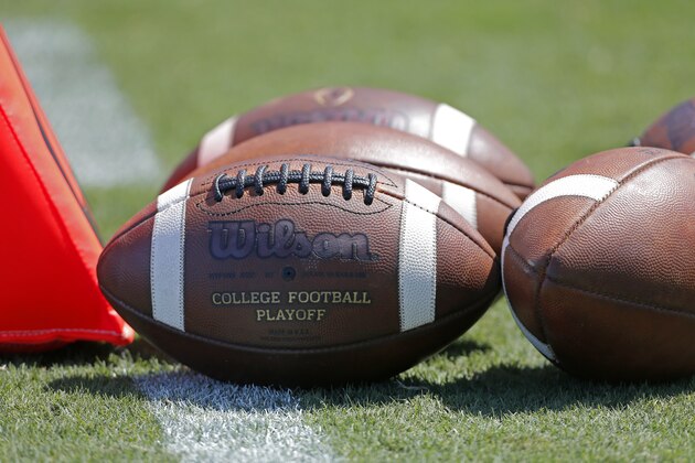 Footballs sit on the turf ready for kick-off before the start of an NCAA football game between South Carolina and North Carolina State in Charlotte, N.C., Saturday, Sept. 2, 2017. South Carolina won 35-28. (AP Photo/Bob Leverone)
