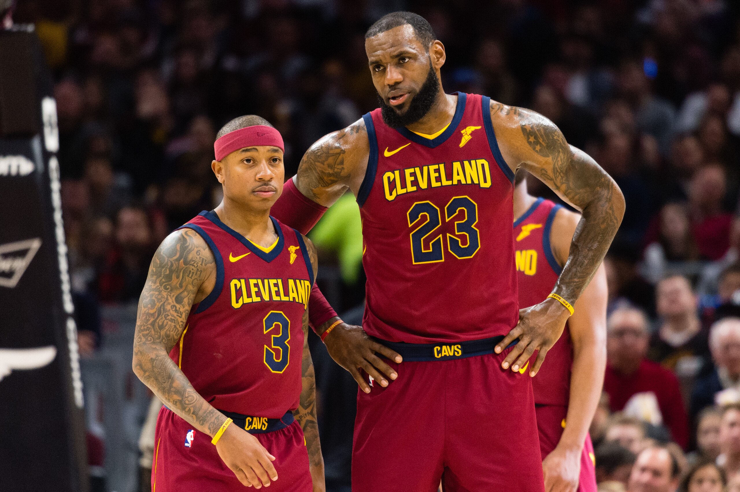 CLEVELAND, OH - JANUARY 2: Isaiah Thomas #3 listens to LeBron James #23 of the Cleveland Cavaliers during the first half against the Portland Trail Blazers at Quicken Loans Arena on January 2, 2018 in Cleveland, Ohio. NOTE TO USER: User expressly acknowledges and agrees that, by downloading and or using this photograph, User is consenting to the terms and conditions of the Getty Images License Agreement. (Photo by Jason Miller/Getty Images)