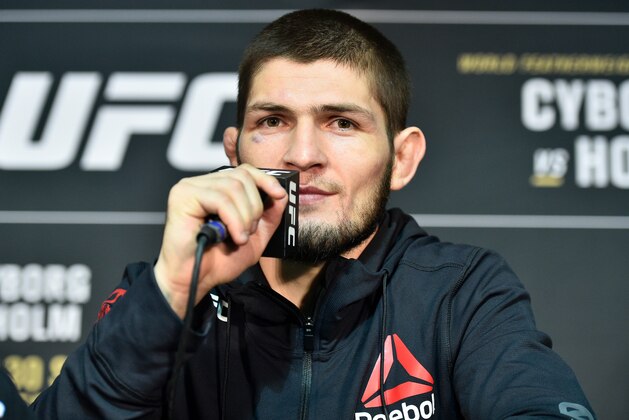 LAS VEGAS, NV - DECEMBER 30:  Khabib Nurmagomedov of Russia speaks to the media after the UFC 219 event inside T-Mobile Arena on December 30, 2017 in Las Vegas, Nevada. (Photo by Brandon Magnus/Zuffa LLC/Zuffa LLC via Getty Images)