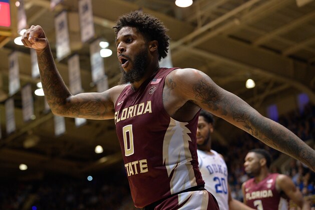 DURHAM, NC - DECEMBER 30:  Phil Cofer #0 of the Florida State Seminoles reacts during their game against the Duke Blue Devils at Cameron Indoor Stadium on December 30, 2017 in Durham, North Carolina. Duke won 100-93.  (Photo by Grant Halverson/Getty Images)