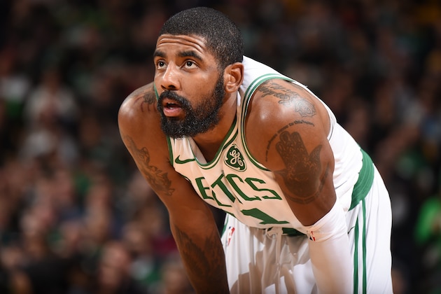 BOSTON, MA - DECEMBER 28:   Kyrie Irving #11 of the Boston Celtics looks on during the game against the Houston Rockets on December 28, 2017 at the TD Garden in Boston, Massachusetts.  NOTE TO USER: User expressly acknowledges and agrees that, by downloading and or using this photograph, User is consenting to the terms and conditions of the Getty Images License Agreement. Mandatory Copyright Notice: Copyright 2017 NBAE  (Photo by Brian Babineau/NBAE via Getty Images)