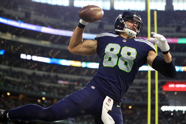 ARLINGTON, TX - DECEMBER 24:  Jimmy Graham #88 of the Seattle Seahawks celebrates a second quarter touchdown against the Dallas Cowboys at AT&T Stadium on December 24, 2017 in Arlington, Texas.  (Photo by Ronald Martinez/Getty Images)