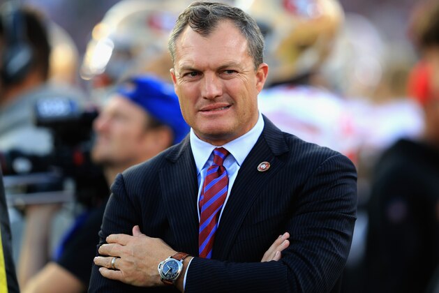 LOS ANGELES, CA - DECEMBER 31:  General Manager John Lynch of the San Francisco 49ers looks on from the sidelines during the second half of a game against the Los Angeles Rams at Los Angeles Memorial Coliseum on December 31, 2017 in Los Angeles, California.  (Photo by Sean M. Haffey/Getty Images)