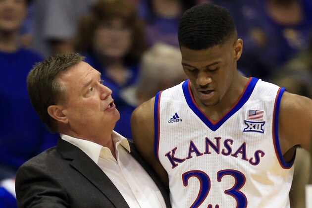 Kansas head coach Bill Self, left, talks with Kansas forward Billy Preston (23) during the first half of an exhibition NCAA college basketball game against Pittsburg State in Lawrence, Kan., Tuesday, Oct. 31, 2017. (AP Photo/Orlin Wagner)
