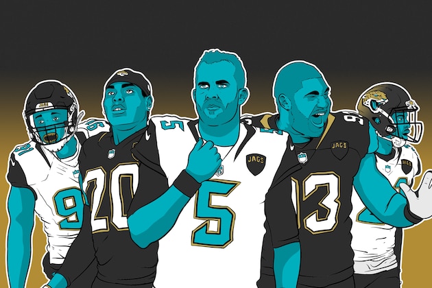 Jacksonville Jaguars defensive end Calais Campbell (93) celebrates a sack of Houston Texans quarterback T.J. Yates (2) during the first half of an NFL football game, Sunday, Dec. 17, 2017, in Jacksonville, Fla. (AP Photo/Stephen B. Morton)