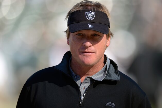 OAKLAND, CA - NOVEMBER 18:  Former head coach of the Oakland Raiders and now ESPN Monday Night Football Analyst Jon Gruden looks on during pre-game warm ups before an NFL football game between the New Orleans Saints and Oakland Raiders at O.co Coliseum on November 18, 2012 in Oakland, California.  (Photo by Thearon W. Henderson/Getty Images)