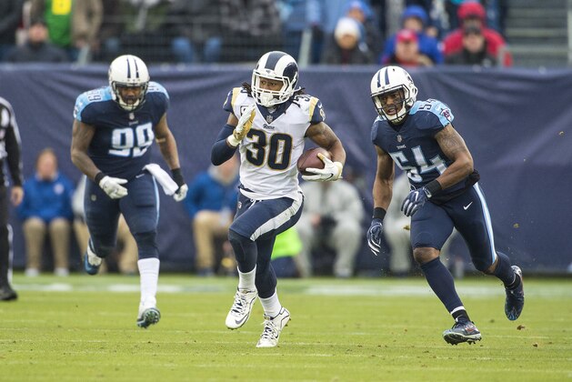 NASHVILLE, TN - DECEMBER 24:  Running back Todd Gurley II #30 of the Los Angeles Rams looks on during a NFL game against the Tennessee Titans at Nissan Stadium on December 24, 2017 in Nashville, Tennessee.  (Photo by Ronald C. Modra/Sports Imagery/Getty Images)