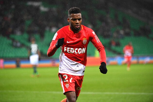 Monacos French midfielder Thomas Lemar (C) celebrates after scoring a goal during the French L1 football match between Saint-Etienne (ASSE) and Monaco (ASM) on December 15, 2017, at the Geoffroy Guichard stadium in Saint-Etienne, central-eastern France.  / AFP PHOTO / ROMAIN LAFABREGUE        (Photo credit should read ROMAIN LAFABREGUE/AFP/Getty Images)