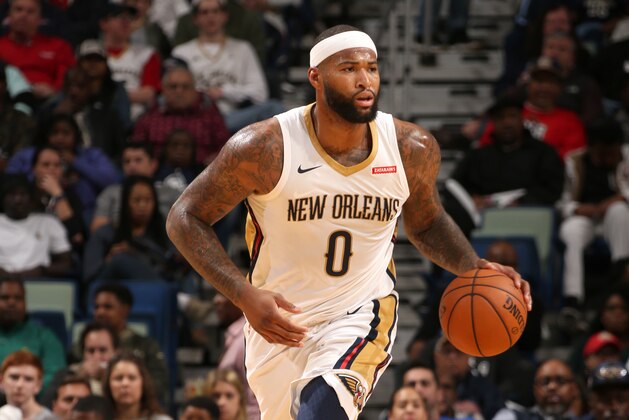 NEW ORLEANS, LA - DECEMBER 30:  DeMarcus Cousins #0 of the New Orleans Pelicans handles the ball against the New York Knicks on December 30, 2017 at the Smoothie King Center in New Orleans, Louisiana. NOTE TO USER: User expressly acknowledges and agrees that, by downloading and or using this Photograph, user is consenting to the terms and conditions of the Getty Images License Agreement. Mandatory Copyright Notice: Copyright 2017 NBAE (Photo by Layne Murdoch/NBAE via Getty Images)