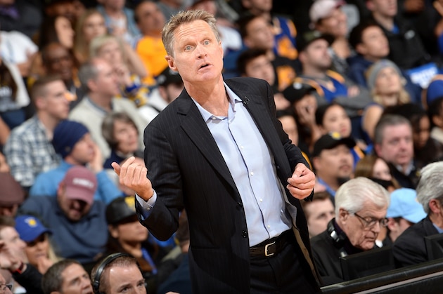 OAKLAND, CA - DECEMBER 22: Head Coach Steve Kerr of the Golden State Warriors reacts to a play during the game against the Los Angeles Lakers on December 22, 2017 at ORACLE Arena in Oakland, California. NOTE TO USER: User expressly acknowledges and agrees that, by downloading and or using this photograph, user is consenting to the terms and conditions of Getty Images License Agreement. Mandatory Copyright Notice: Copyright 2017 NBAE (Photo by Noah Graham/NBAE via Getty Images)