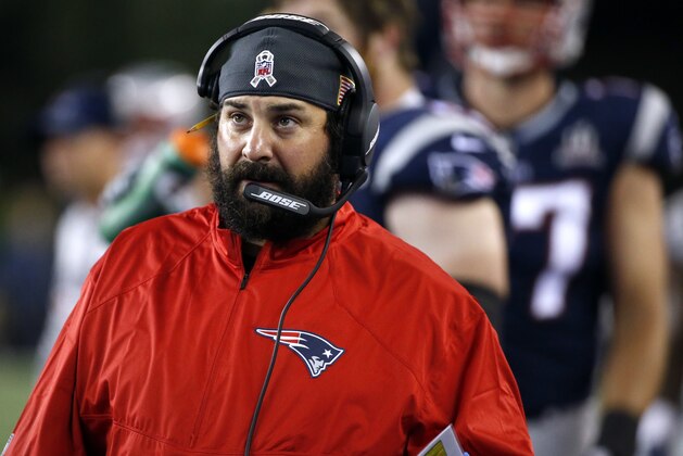 New England Patriots defensive coordinator Matt Patricia watches from the sideline during the second half of an NFL football game against the Kansas City Chiefs, Thursday, Sept. 7, 2017, in Foxborough, Mass. The Chiefs defeated the Patriots 42-27. The good news for New England is that the last three times it lost its season opener it went on the win the Super Bowl. (AP Photo/Michael Dwyer)