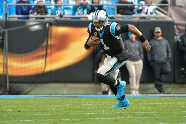 CHARLOTTE, NC - DECEMBER 24:  Cam Newton #1 of the Carolina Panthers runs against the Tampa Bay Buccaneers during their game at Bank of America Stadium on December 24, 2017 in Charlotte, North Carolina.  (Photo by Grant Halverson/Getty Images)
