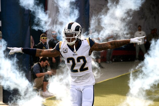 LOS ANGELES, CA - DECEMBER 10:  Trumaine Johnson #22 of the Los Angeles Rams runs onto the field prior to the game against the Philadelphia Eagles at the Los Angeles Memorial Coliseum on December 10, 2017 in Los Angeles, California.  (Photo by Kevork Djansezian/Getty Images)