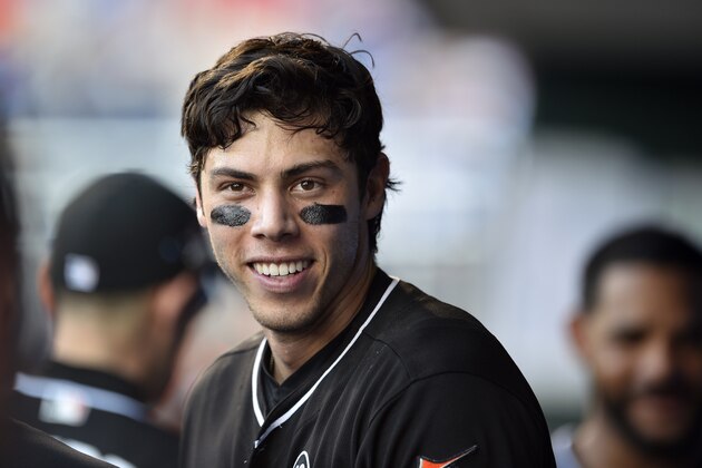 Miami Marlins' Christian Yelich in action during the first baseball game in a doubleheader against the Philadelphia Phillies, Tuesday, Aug. 22, 2017, in Philadelphia. (AP Photo/Derik Hamilton)