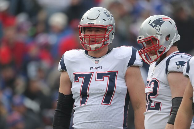 BUFFALO, NY - DECEMBER 3: Nate Solder #77 of the New England Patriots and Joe Thuney #62 during NFL game action against the Buffalo Bills at New Era Field on December 3, 2017 in Buffalo, New York. (Photo by Tom Szczerbowski/Getty Images)