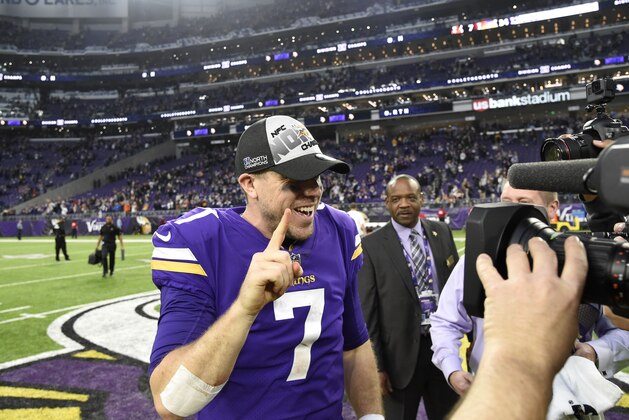 MINNEAPOLIS, MN - DECEMBER 17: Case Keenum #7 of the Minnesota Vikings wears an 'NFC North Champions' hat after the game against the Cincinnati Bengals on December 17, 2017 at U.S. Bank Stadium in Minneapolis, Minnesota. The Vikings defeated the Bengals 34-7 and clinched the NFC North Division. (Photo by Hannah Foslien/Getty Images)