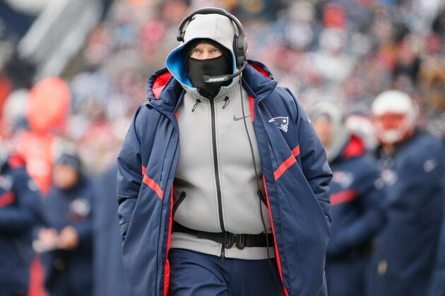 FOXBORO, MA - DECEMBER 31:  Head coach Bill Belichick of the New England Patriots looks on during the first half against the New York Jets at Gillette Stadium on December 31, 2017 in Foxboro, Massachusetts.  (Photo by Jim Rogash/Getty Images)