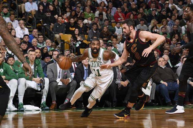 BOSTON, MA - JANUARY 3: Kyrie Irving #11 of the Boston Celtics handles the ball against the Cleveland Cavaliers on January 3, 2018 at the TD Garden in Boston, Massachusetts. NOTE TO USER: User expressly acknowledges and agrees that, by downloading and or using this photograph, User is consenting to the terms and conditions of the Getty Images License Agreement. Mandatory Copyright Notice: Copyright 2018 NBAE (Photo by Brian Babineau/NBAE via Getty Images) BOSTON, MA - JANUARY 3: Kyrie Irving #11 of the Boston Celtics handles the ball against the Cleveland Cavaliers on January 3, 2018 at the TD Garden in Boston, Massachusetts. NOTE TO USER: User expressly acknowledges and agrees that, by downloading and or using this photograph, User is consenting to the terms and conditions of the Getty Images License Agreement. Mandatory Copyright Notice: Copyright 2018 NBAE (Photo by Brian Babineau/NBAE via Getty Images)