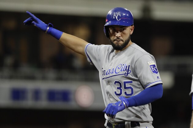 Kansas City Royals' Eric Hosmer reacts after hitting a single during the ninth inning of a baseball game against the San Diego Padres Friday, June 9, 2017, in San Diego. (AP Photo/Gregory Bull)