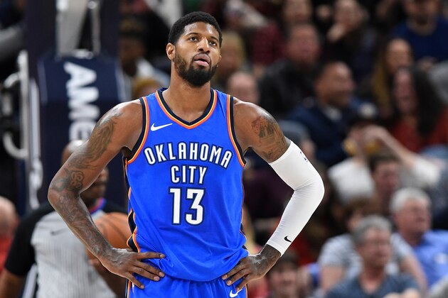 SALT LAKE CITY, UT - DECEMBER 23: Paul George #13 of the Oklahoma City Thunder looks on in the first half against the Utah Jazz at Vivint Smart Home Arena on December 23, 2017 in Salt Lake City, Utah. NOTE TO USER: User expressly acknowledges and agrees that, by downloading and or using this photograph, User is consenting to the terms and conditions of the Getty Images License Agreement. (Photo by Gene Sweeney Jr./Getty Images)