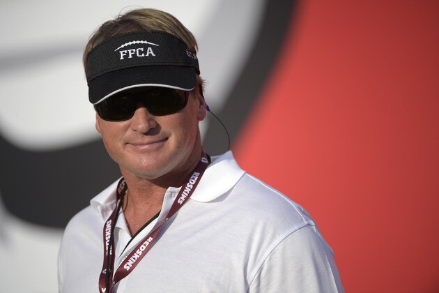 ESPN broadcaster, and former head coach Jon Gruden watches warmups before an NFL preseason football game between the Tampa Bay Buccaneers and the Washington Redskins Thursday, Aug. 31, 2017, in Tampa, Fla. (AP Photo/Phelan M. Ebenhack)