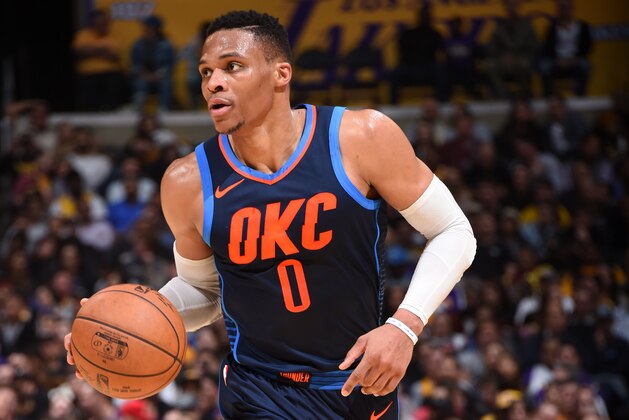 LOS ANGELES, CA - JANUARY 3:  Russell Westbrook #0 of the Oklahoma City Thunder handles the ball against the Los Angeles Lakers on January 3, 2018 at STAPLES Center in Los Angeles, California. NOTE TO USER: User expressly acknowledges and agrees that, by downloading and/or using this Photograph, user is consenting to the terms and conditions of the Getty Images License Agreement. Mandatory Copyright Notice: Copyright 2018 NBAE (Photo by Andrew D. Bernstein/NBAE via Getty Images)