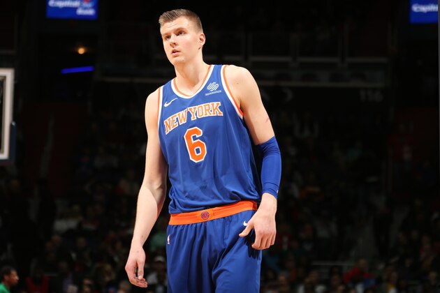 WASHINGTON, DC - JANUARY 3:   Kristaps Porzingis #6 of the New York Knicks looks on during the game against the Washington Wizards on January 3, 2018 at Capital One Arena in Washington, DC. NOTE TO USER: User expressly acknowledges and agrees that, by downloading and or using this Photograph, user is consenting to the terms and conditions of the Getty Images License Agreement. Mandatory Copyright Notice: Copyright 2018 NBAE (Photo by Ned Dishman/NBAE via Getty Images)