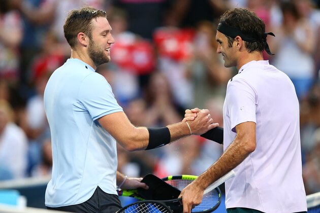 PERTH, AUSTRALIA - JANUARY 04:  Jack Sock of the United States congratulates Roger Federer of Switzerland on winning the mens singles match on day six of the 2018 Hopman Cup at Perth Arena on January 4, 2018 in Perth, Australia.  (Photo by Paul Kane/Getty Images)