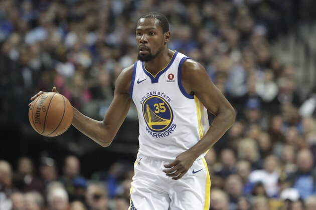 Golden State Warriors forward Kevin Durant dribbles during the first half of an NBA basketball game against the Dallas Mavericks in Dallas, Wednesday, Jan. 3, 2018. (AP Photo/LM Otero)